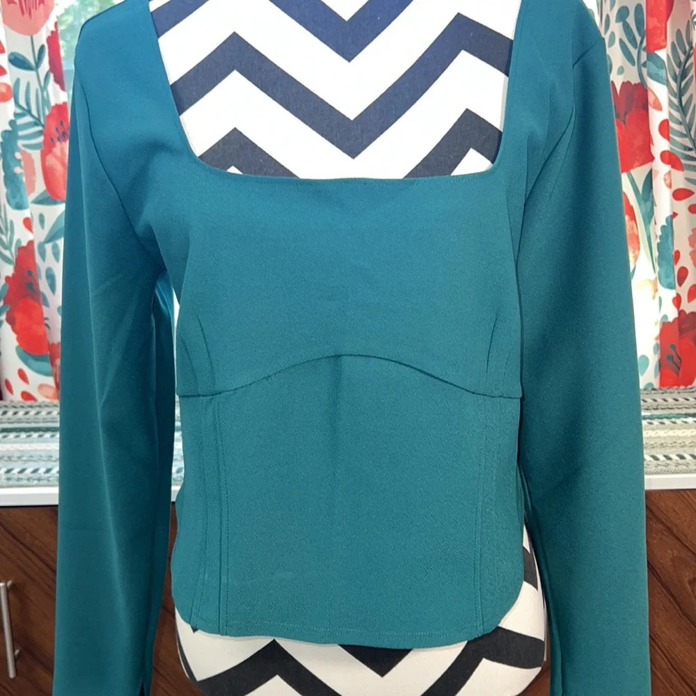 Abercrombie & Fitch Women’s Long Sleeve Crepe Teal Corset Top - Picture 3 of 10